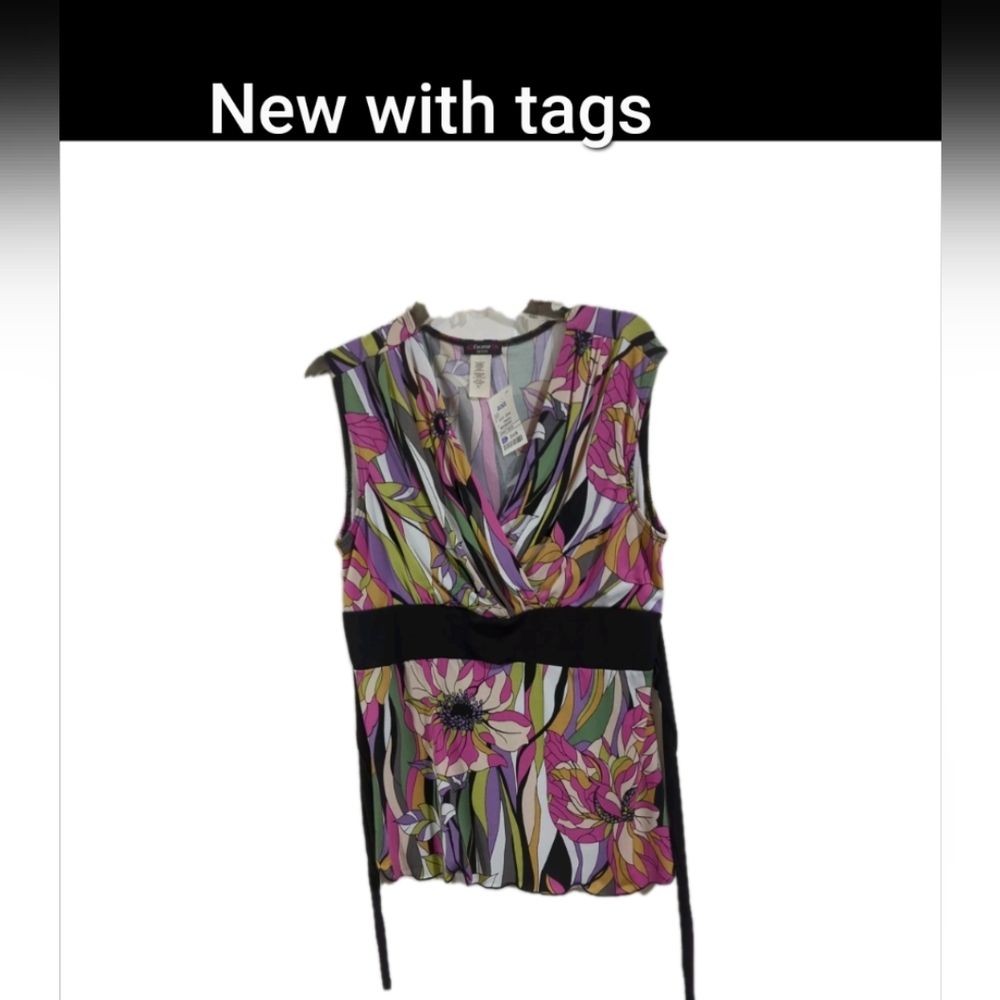Cocomo Blouse Women's Petite Large V-Neck Sleeveless Ruffle Floral Tie Top NWT